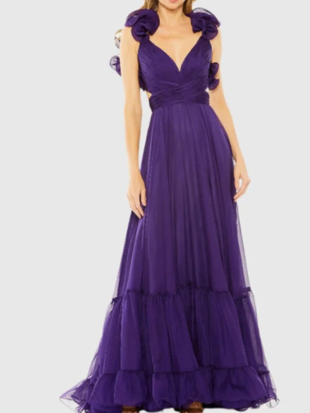 NWT Mac Duggal Ruffle Chiffon Cut-Out Gown in Purple Size 2